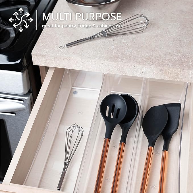 Kitchen Utensils Organizer | Utensil Tray Holder | Large Non-Slip Cutlery Drawer Organizer, 3 Compartment Multi-Purpose Home Organization, Clear Acrylic
