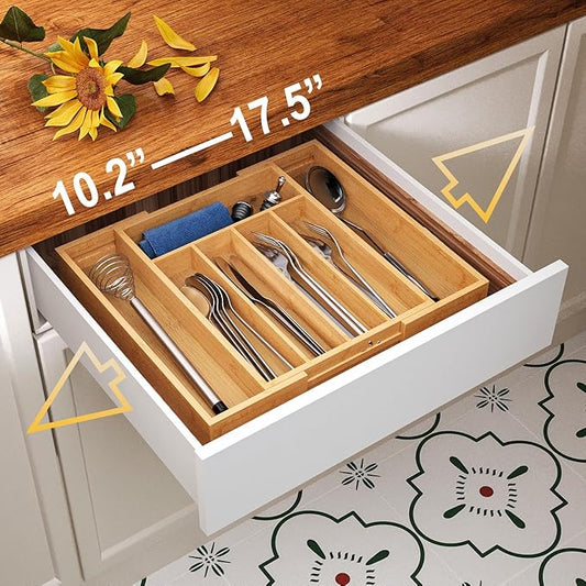 Expandable Kitchen Drawer Organizer,Bamboo Silverware Organizer for Utensils,Adjustable Flatware Tray (13.77 * 10.23~16.53 * 1.96)