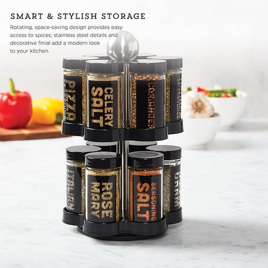 Kamenstein 12 Jar Madison Revolving Countertop Spice Rack with Spices Included, FREE Spice Refills for 5 years, Black Rack with Black Caps