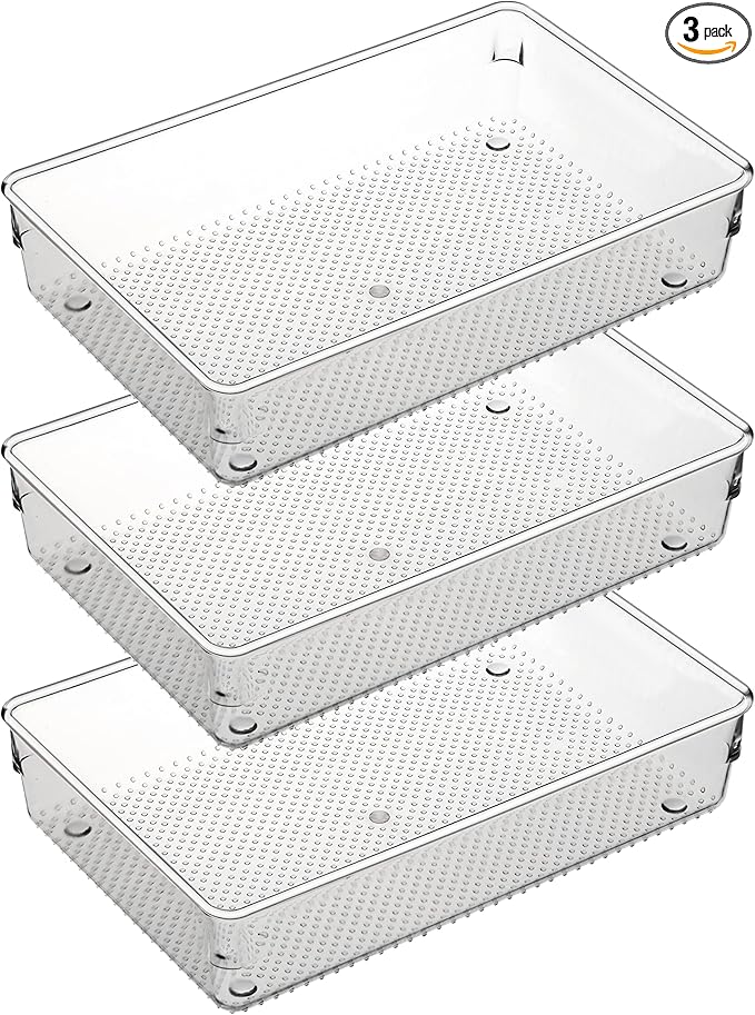 ihomecooker 3 Set Clear Plastic Junk Drawer Organizer Vanity Curlery Utensil Makeups Organizer for Kitchen 6" X9''