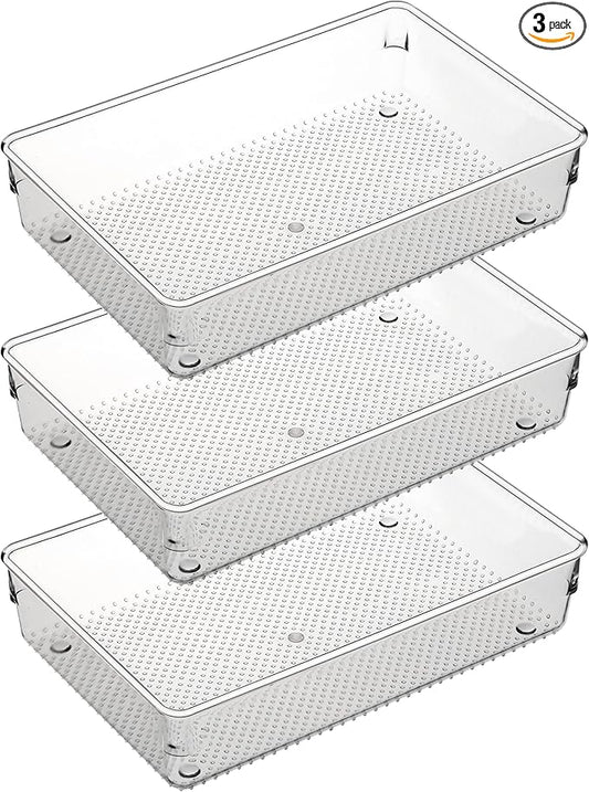 ihomecooker 3 Set Clear Plastic Junk Drawer Organizer Vanity Curlery Utensil Makeups Organizer for Kitchen 6" X9''