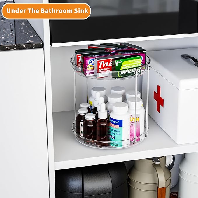 9.8" Tall 2 Tier Lazy Susan Organizer for Countertop,Cabinet and Pantry Shelf,Double Clear Spice Turntable & Rotating Spice Rack Organization and Vitamin & Medicine Cabinet Organizers Carousel