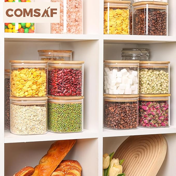 ComSaf 24oz Glass Food Storage Jars Set of 4, Clear Glass Storage Containers with Lids, Pantry Organization Jar, Spice Jar, Blooming Tea, Coffee and Sugar Container, Small Canister Set for Kitchen