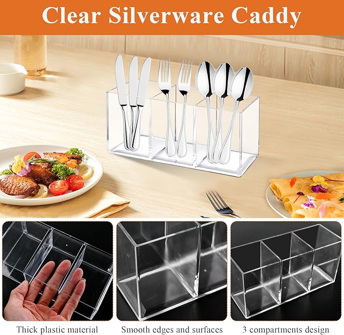 3 Set Acrylic Cutlery Storage Organizer, Clear Plastic Tableware Storage for Knives Forks Spoons, Acrylic Tissue Paper Holder Disposable Cup Holder Dispenser for Kitchen Restaurant Party