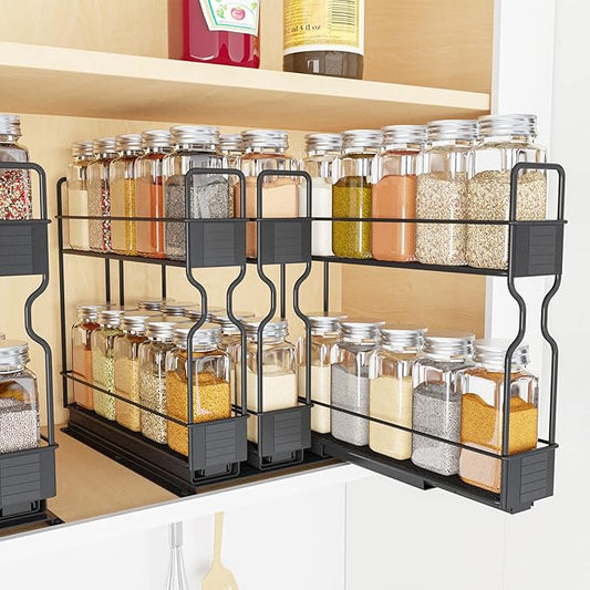 SpaceAid Pull Out Spice Rack Organizer with 30 Jars for Cabinet, Slide Out Seasoning Kitchen Organizer, Cabinet Organizer, with Labels, 7.7" W x10.75 D x10 H, 3 Drawers 2-Tier