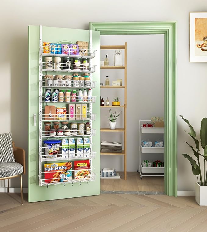 Over The Door Pantry Organizer, Wall Mount Spice Rack, Pantry Hanging Storage and Organization, 8 Adjustable Baskets Heavy-Duty Metal for Home & Kitchen, Back of Door Seasoning Rack - White
