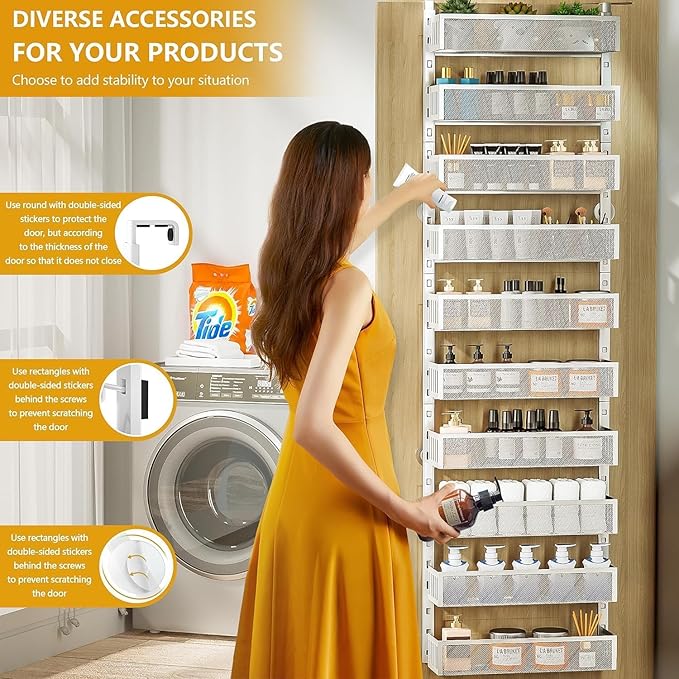 10-tier Over The Door Pantry Organizer with Mesh Baskets, Adjustable & Stable Hanging Spice Rack for Kitchen, Bathroom, Bedroom, and Baby Essentials Storage (16" W 10-Tiers, White)