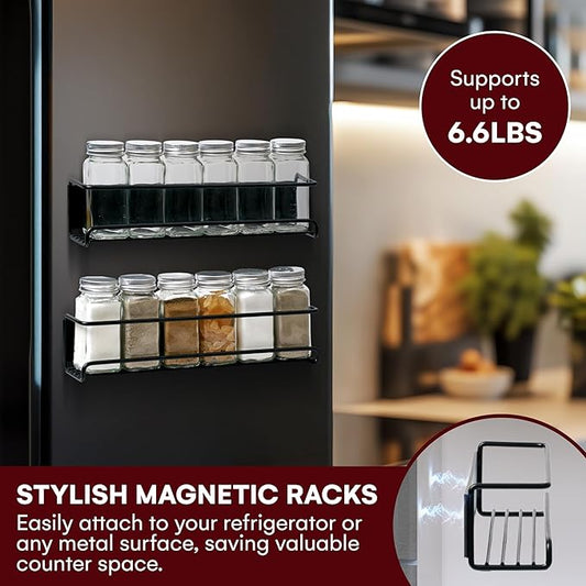 Vdomus Magnetic Spice Rack - Set of 18 - Fridge Storage Shelf for Spices - 12 Glass Spice Jars, 12 Stickers 1 Chalk Marker, 1 Funnel, 1 S/S Cleaning Brush, 2 Racks - Kitchen Organizer (Matte Black)