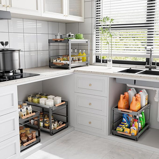 Under Sink Organizer, Pull Out Cabinet Organizer 2 Tier Slide Out Sink Shelf Cabinet Storage Metal Shelves, Sliding Under Sink Storage for Kitchen Bathroom Laundry Cabinet, Grey, 1 Pack (Gray)