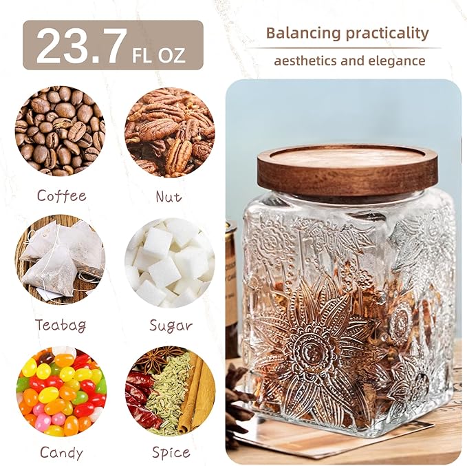Glass Storage Jars With Airtight Lid, 23.7oz Container For Kitchen Counter with Wood Lid, brown sugar, candy, coffee, cookie, salt, tea, cute Jar (Square Sunflower)