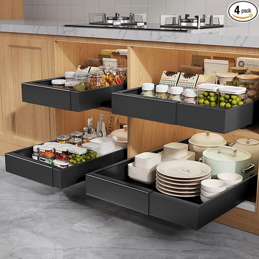 4 Pack Pull Out Cabinet Organizers 21" Deep with Raising Pad for Framed Cabinets,Expandable Slide Out Drawers Upgrade 3 Slide Rails,Roll Out Shelves Adhesive,Adjustable Width 9"-14" Black
