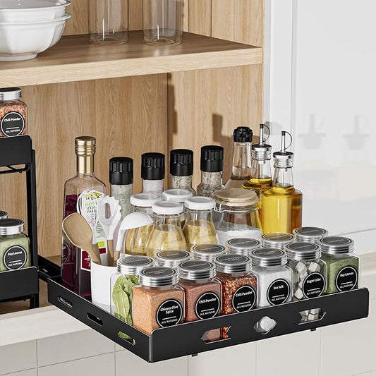 Metal Black Pull Out Spice Rack Organizer, Heavy Duty-Slide Out, Vertical Spice Rack for Kitchen Cabinet and Pantry (12.6''Wx10.5''Dx2.8''H)