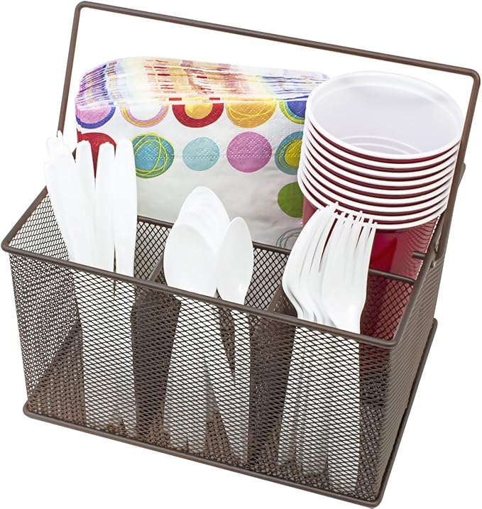 Sorbus® Utensil Caddy — Silverware, Napkin Holder, and Condiment Organizer — Multi-Purpose Steel Mesh Caddy—Ideal for Kitchen, Dining, Entertaining, Tailgating, Picnics, and much more (Bronze)