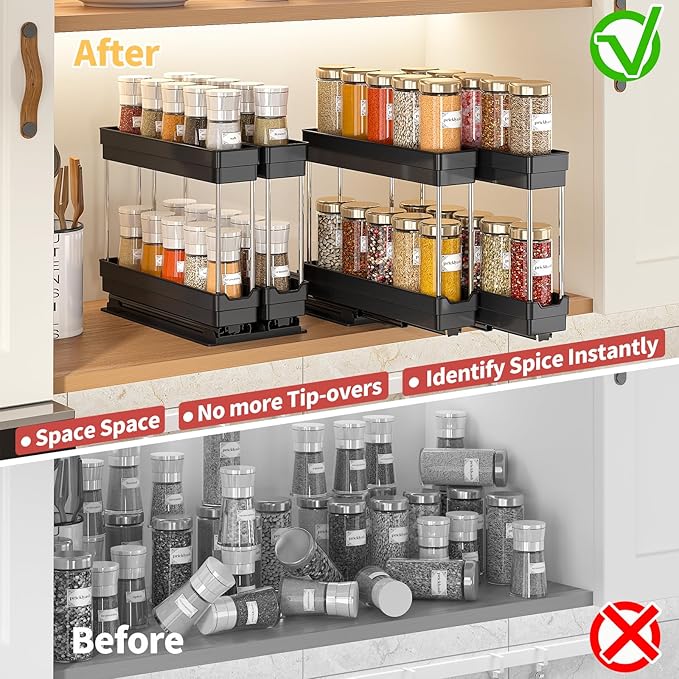 2 Pack Pull Out Spice Rack Organizer for Cabinet, Slide Out Seasoning Kitchen Organizer, Heavy Duty Spice Cabinet Organizers with Labels for Kitchen Pantry, 5.3" W x10.7 D x10 H, 4 Drawers, 2-Tier