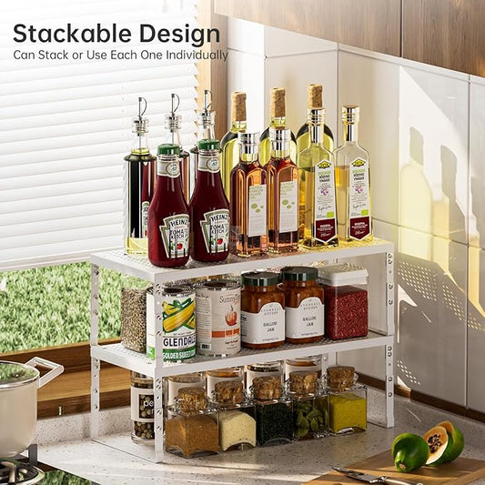 Cabinet Shelf,Expandable Adjustable Stackable Kitchen Organizer,for cabinets, Kitchens, countertops, bathrooms Shelf Organizer(2Packs/White,Medium)