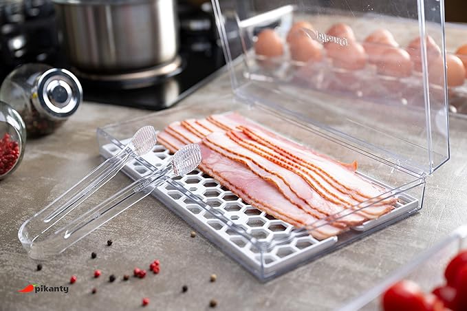 Bacon Container for Refrigerator | Fridge Storage and Deli Meat Keeper with Food Serving Tongs and Drain Plate | Dishwasher Safe | Made in USA