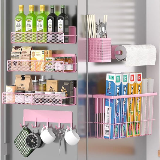 Magnetic Spice Rack for Refrigerator, 7 Pack 100% Metal Strong Magnet Shelf, Spice Organizer W/ Paper Towel Holder, Hook Rack, Utensil Caddy & Cutting Board Holder, Home Kitchen Organization (Pink)