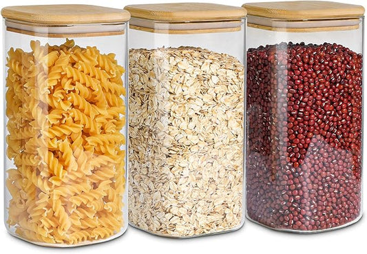 ComSaf Airtight Glass Storage Canister with Wood Lid (51 oz), Clear Food Storage Container Jar with Sealing Lids for Oat Pasta Flour Cereal Rice Sugar Tea Coffee Beans, Set of 3 Square Cookie Jar