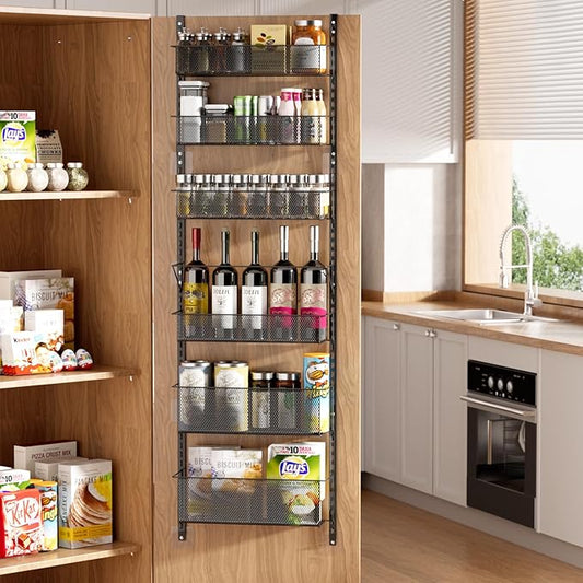 Over The Door Pantry Organizer, 6-Tier Metal Hanging & Wall Mount Spice Rack, Kitchen Storage Room Organization