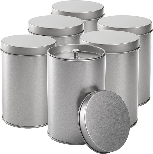 Yesland 6 Pack Tea Tin Canister with Airtight Double Lids, 12 Fluid Oz Tin Can Box and Small Round Kitchen Canisters for Loose Tea, Coffee, Candy, Herbs and Spices(Silver)