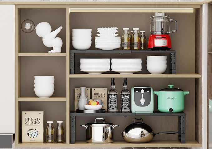Expandable Stackable Spice Rack Organizer for Kitchen Cabinet,Adjustable Counter Shelf, countertop, Pantry,Cupboard,Bathroom,Bedroom(3Packs/Black/Large)