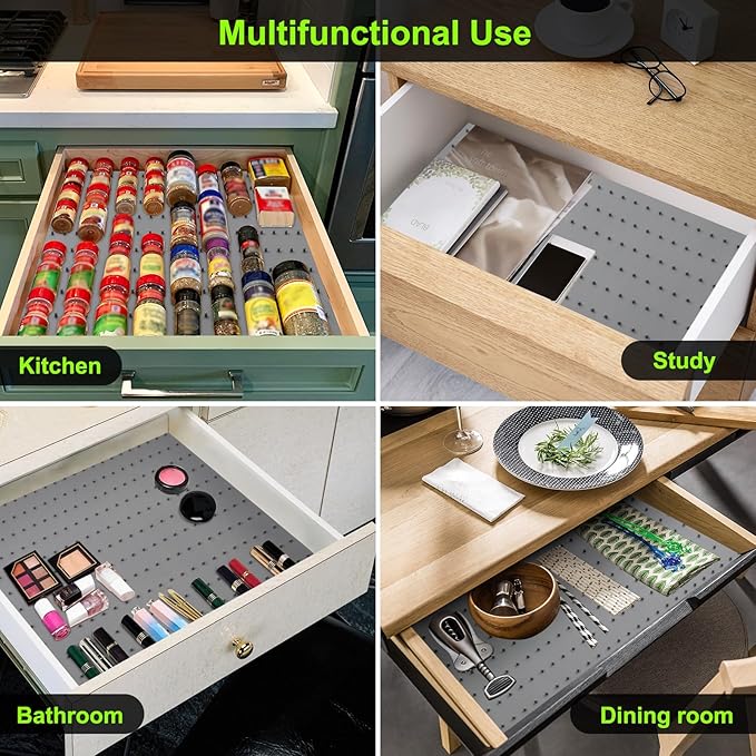 Spice Drawer Organizer insert, Adjustable & Non-Slip Silicone Spice Drawer Liner, in Drawer Spice Organizer for Seasoning Jars and Spices Bottles -Grey