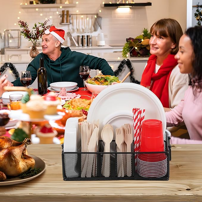 Paper Plate Dispenser with Handle, Metal Paper Plate Holders for Kitchen Counter, Utensil Holder Organizer with 6 Compartments, Silverware Holder Caddy for Cup Fork Spoon Napkin Party Camping