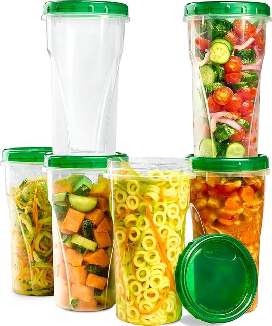 PLASTICPRO 6 Pack Twist Cap Food Storage Containers with Green Screw on Lid- 48 oz Reusable Meal Prep Containers - Large Freezer Containers Microwave Safe Green Plastic Food Storage