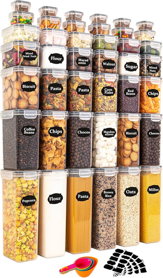 Ogrmar 42 PCS Airtight Food Storage Containers Set with Lids, Plastic Kitchen and Pantry Organization, BPA Free Storage Containers, Leak-proof Canisters for Food, Labels & Measuring Spoons & Marker