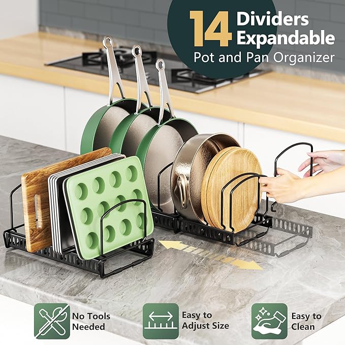 Expandable Pot and Pan Organizer, 2 Tier 3-Pack Kitchen Organizer Under Cabinet Storage Pot Lid Rack Holder with 14 Adjustable Dividers for Frying Pan,Cookware,Baking Sheet