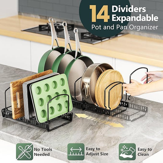 Expandable Pot and Pan Organizer, 2 Tier 3-Pack Kitchen Organizer Under Cabinet Storage Pot Lid Rack Holder with 14 Adjustable Dividers for Frying Pan,Cookware,Baking Sheet
