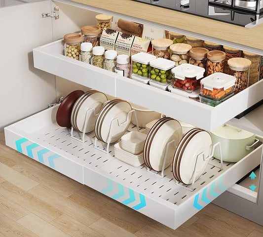 2 Pack Pull out Cabinet Organizer 21"Deep With Raising Pad for Framed Cabinets, Expandable Slide out Drawers for Kitchen Cabinets with 4pcs Divider Racks, Roll out Shelves 15.2"-26.3"W White