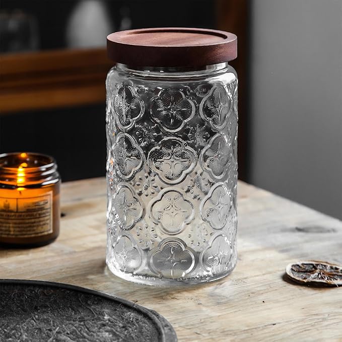Glass Storage Jars With Airtight Lid, 23.7oz Container For Kitchen Counter with Wooden Lid, brown sugar, candy, coffee, cookie, salt, tea, cute Jar (35oz Large Begonia Flowers)