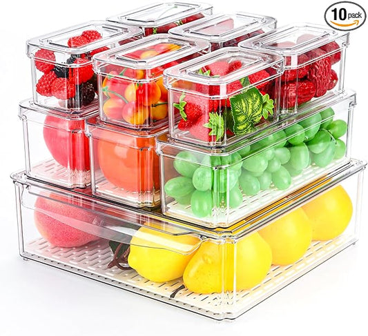 10 Pack Fridge Organizer, Stackable BPA-Free Refrigerator Organizer Bins with Lids, Fruit Storage Containers for Fruit Vegetable Food Drinks Cereals Clear