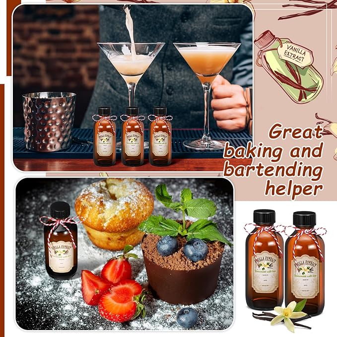 Uiifan 12 Pack Amber Glass Bottle Boston Round Bottles with Caps Brown Vanilla Extract Jars and 12 Pcs Vanilla Extract Stickers for Syrup Gift Glass Jar Food Storage Canister Set Sauce Beans(2 oz)