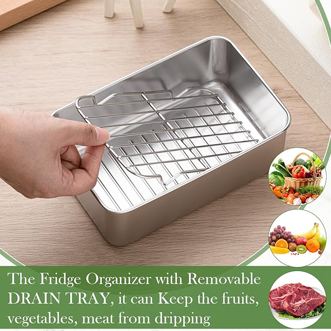 Hushee 3 Set 304 Stainless Steel Containers for Fridge, with Removable Drain Tray, Fruit Bacon Storage Airtight Deli Meat Container with Lids for Fresh Dry Food Storage(7.68 x 5.12 x 2.76 Inch)