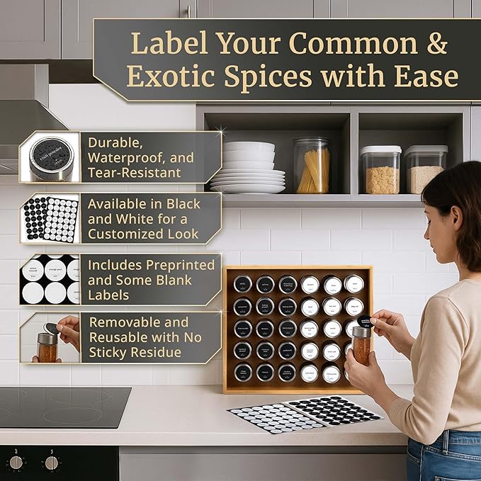 BOURBON & BARREL Wooden Spice Rack Organizer with Glass Jars | Stainless Steel Lids | Bamboo Countertop Spice Organization | 350 Waterproof Spice Labels | 2 Chalk Markers | 30 4oz Jars [Bamboo]