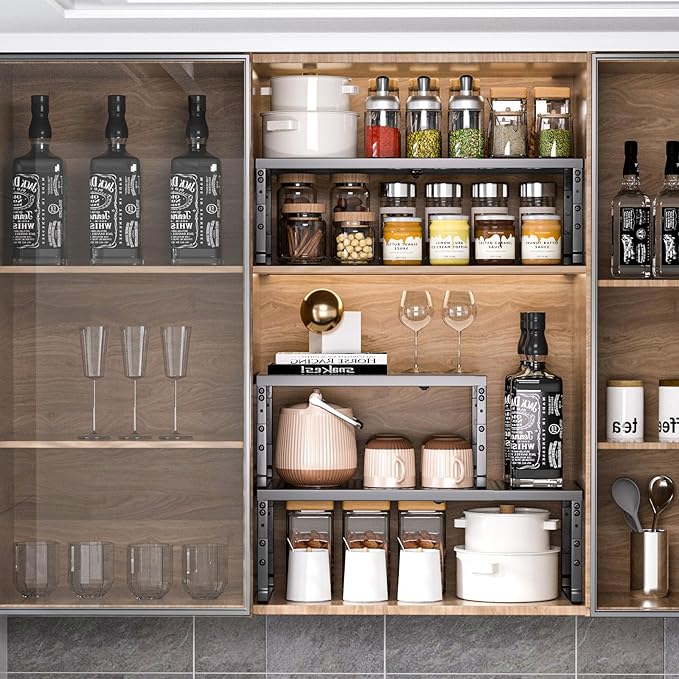 Cabinet Shelf,Expandable Adjustable Stackable Kitchen Organizer,for cabinets, Kitchens, countertops, bathrooms Shelf Organizer(1Pack/Black,Large)