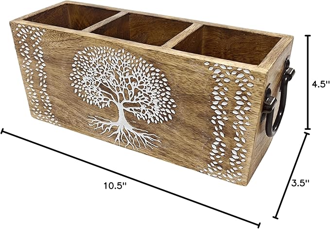 VANIYA CRAFTSR® Handmade Wooden Carved Design Compartments Cutlery Utensil Holder For Napkins, Spoons, Forks, Tissues, Knife Natural finish (Natural White 6)