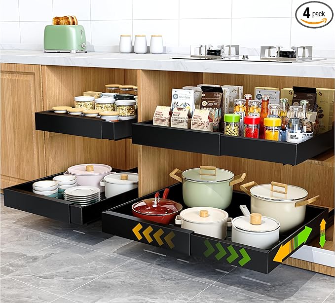 4 Pack Pull Out Cabinet Organizer 21" Deep Expandable Slide Out Drawer Organizers,No Drill Pull Out Drawers Adhesive with Nano Compatible Framed Cabinets Shelves For Kitchen Pantry Adjustable Width