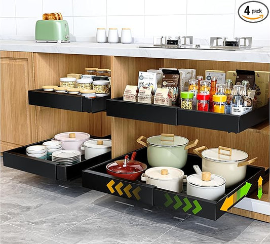 4 Pack Pull Out Cabinet Organizer 21" Deep Expandable Slide Out Drawer Organizers,No Drill Pull Out Drawers Adhesive with Nano Compatible Framed Cabinets Shelves For Kitchen Pantry Adjustable Width