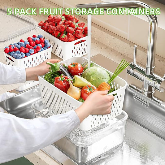 5 Pack Fruit Storage Containers for Fridge with Removable Colanders - Food Storage Containers with Lids, BPA-Free Produce Containers Keep Fruits, Vegetables, Berry, Meat Fresh Longer