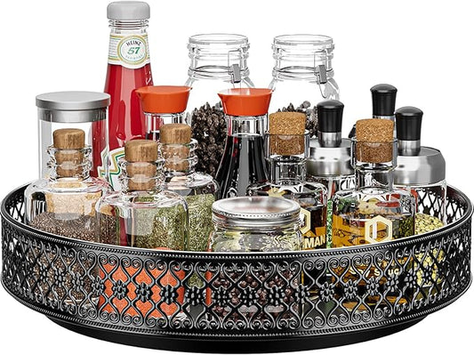 Ovicar Lazy Susan Organizer Turntable - 11 inch Rotating Spice Rack Metal Lazy Susan for Cabinet Pantry Kitchen Countertop Dining Table Cupboard Bathroom Refrigerator Vanity Black
