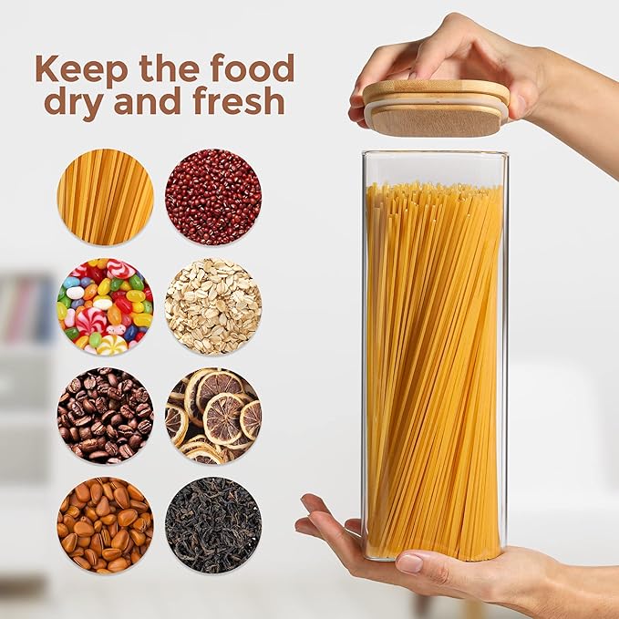 ComSaf Food Storage Containers with Airtight Lids Set of 6, Clear Glass Canister Food Jar with Sealing Lid Kitchen Pantry Storage Container for Spaghetti Pasta Sugar Flour Oat Cereal Beans, Square