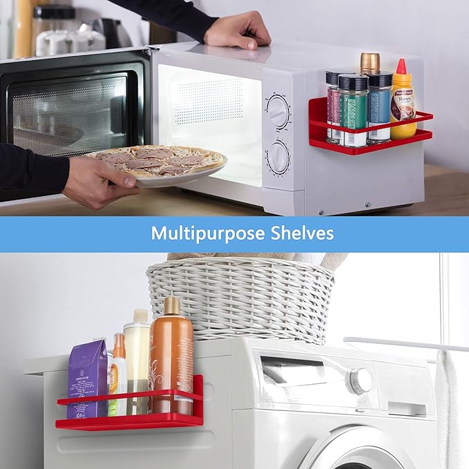 2 Pack - Magnetic Spice Rack, Fridge Organizer Shelf, Side Wall Refrigerator Storage for Spices, Utensils or Plates, Works as Towel Holder with Hooks, Organization for Home and Kitchen (Red)