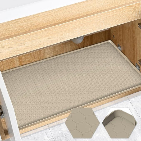 Waterproof Under Sink Mat 34" x 22", Silicone Cabinet Liner, Rubber Protector for Kitchen and Bathroom, Keeps Cabinets Clean, Dry, and Organized (Khaki)