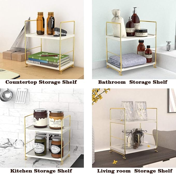2-Tier Kitchen Spice Rack - Freestanding Stackable Bathroom Countertop Storage Shelf - Cosmetic Organizer Holder- Square Standing Rack (Golden)