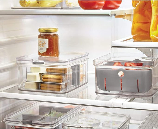 iDesign Plastic Crisp Divided Fruit and Vegetable Storage with Easy to Grip Integrated Handles Designed to Keep Food Fresh Longer, 8.32" x 6.32" x 3.76", 2 Section