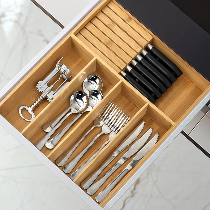 VaeFae Bamboo Silverware Organizer, Utensil Holder for Drawer, Wooden Cutlery Tray with Divider for Kitchen Drawer, Utensil Organizer with Knife Block