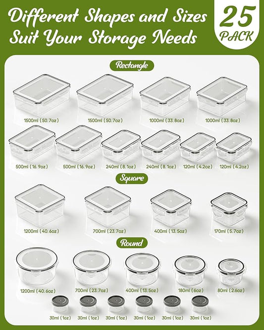 50 Piece Food Storage Containers with Lids(25 Containers & 25 Lids), BPA-Free Plastic Food Containers for Kitchen Storage and Organization, Leak Proof Meal Prep Container, Includes Labels & Pen